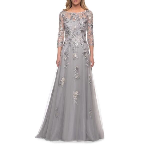 La Femme 29725 Beaded Lace Tulle A-Line Gown Maxi NWT in Silver Size 2 $635 - Picture 3 of 7